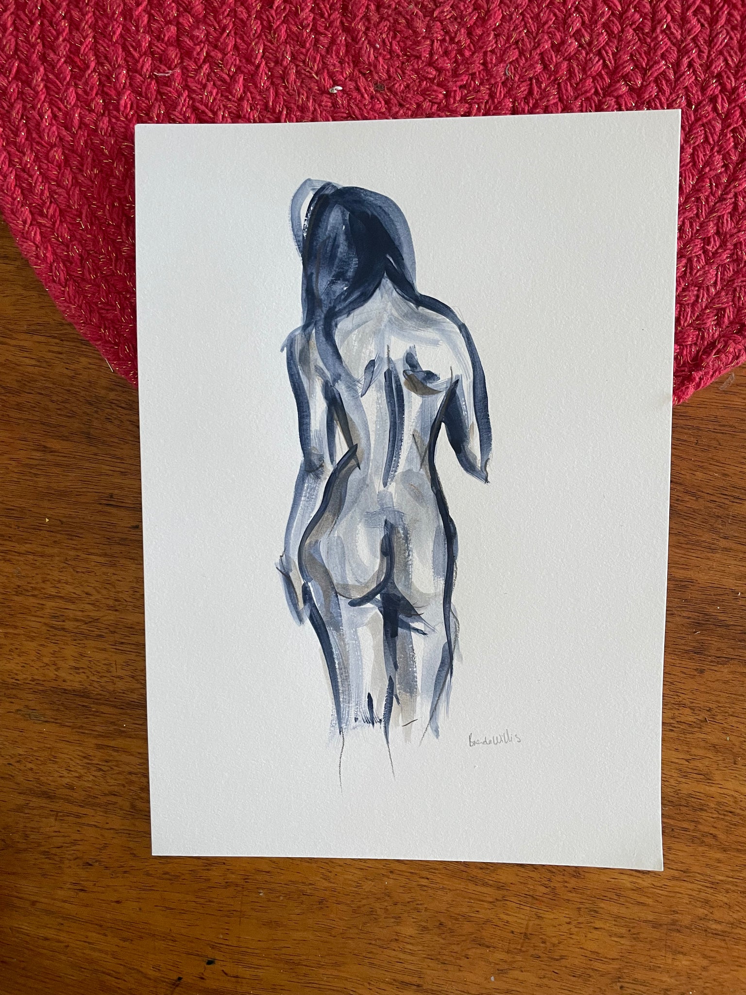 Original standing female figure painting sketch. Navy brush sketch painting