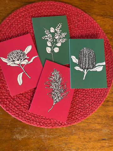 Australian native flower 4 card set. Acacia, Grevillea, Waratah and Banksia.