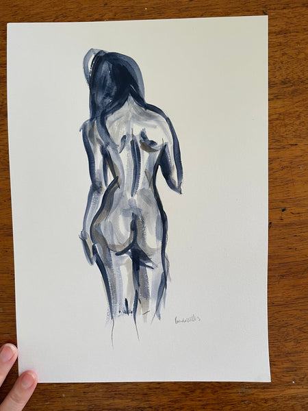 Original standing female figure painting sketch. Navy brush sketch painting