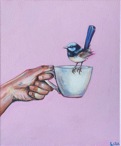 Original Australian Blue Wren and tea cup acrylic painting