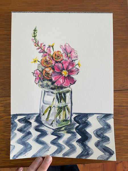 Original cottage flower vase painting artwork A4