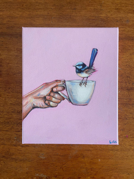 Original Australian Blue Wren and tea cup acrylic painting