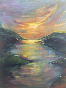 Original waterview mountain sunset acrylic painting