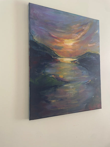 Original waterview mountain sunset acrylic painting