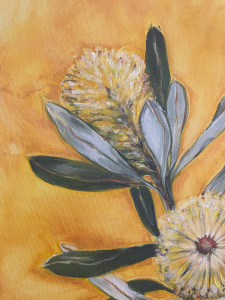 Australian Banksia 'Golden' acrylic canvas framed painting. 32.5cm x 42cm