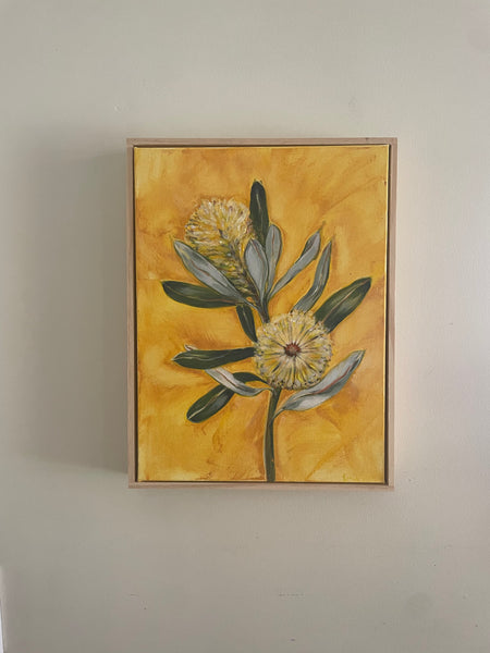 Australian Banksia 'Golden' acrylic canvas framed painting. 32.5cm x 42cm