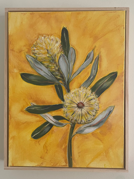 Australian Banksia 'Golden' acrylic canvas framed painting. 32.5cm x 42cm