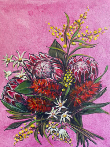 Australian native bouquet acrylic framed canvas painting. 42cm x 52cm