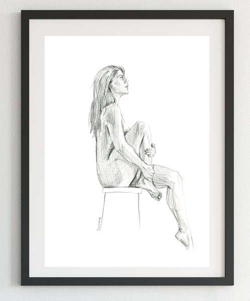 Original female seated nude figure pencil sketch. A4