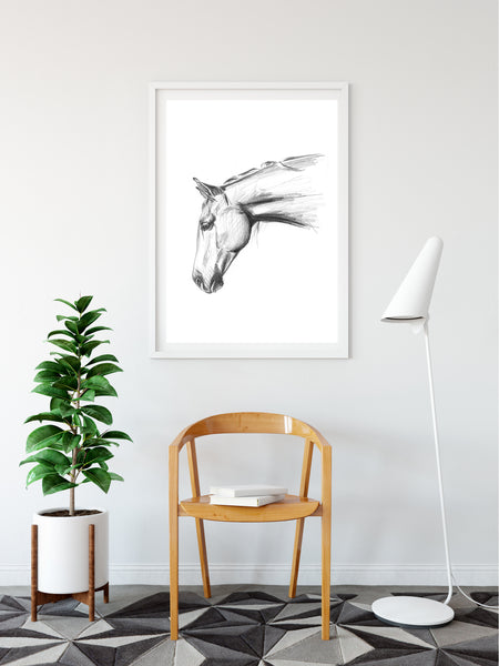 Hand drawn Horse portrait drawing print. Black and White pencil sketch horse lover art.