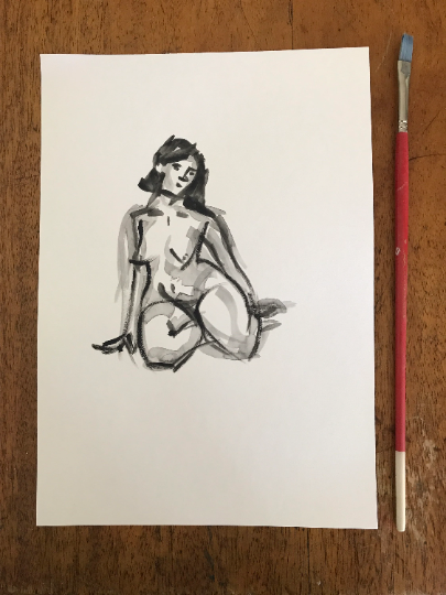 Original curvy female figure painting sketch. Black brush sketch painting