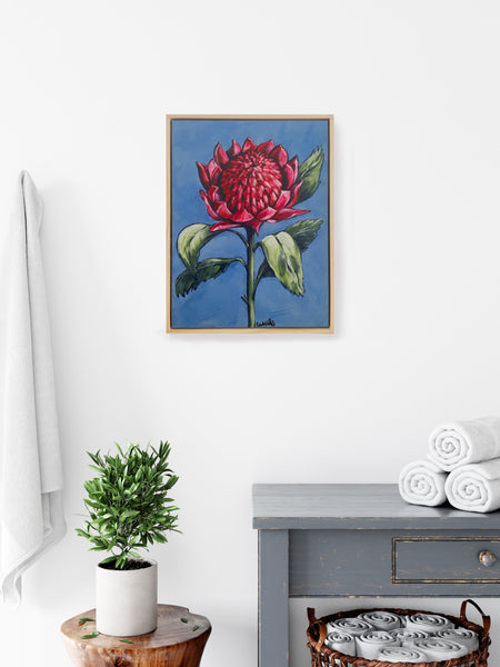 Australian Waratah acrylic framed canvas painting. 32.5cm x 42cm