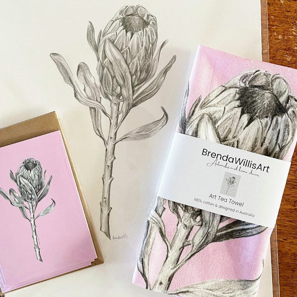 Protea art pink tea towel & pink card set. Floral graphite drawing artwork on 100% cotton and matching card