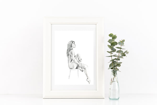 Original female seated nude figure pencil sketch. A4