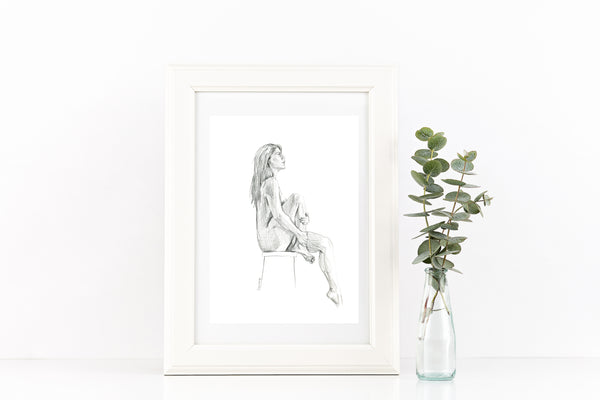 Original female seated nude figure pencil sketch. A4