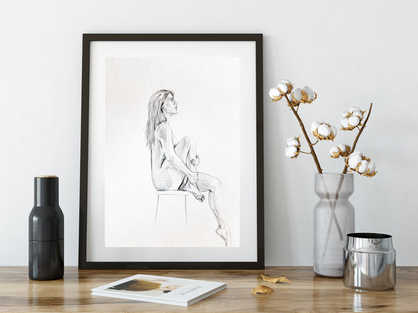 Original female seated nude figure pencil sketch. A4